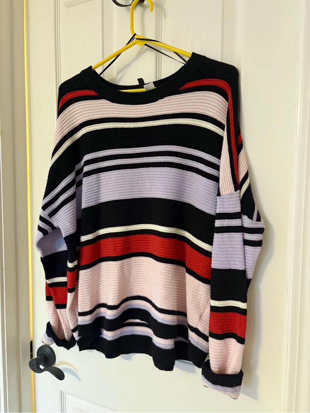 H&M Striped Crewneck Sweater in Black, Red & Pink